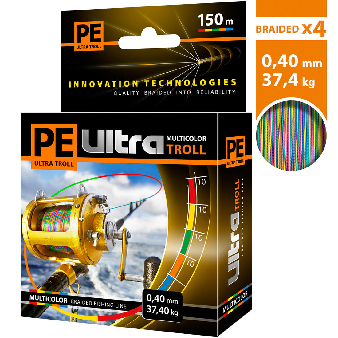 Плетеный шнур AQUA PE ULTRA TROLL MULTICOLOR 0,40mm 150m, мультиколор, test - 37,40kg