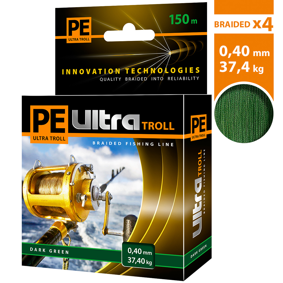 

Плетеный шнур AQUA PE ULTRA TROLL Dark Green 0,40mm 150m, темно-зеленый, test - 37,40kg, PE ULTRA TROLL
