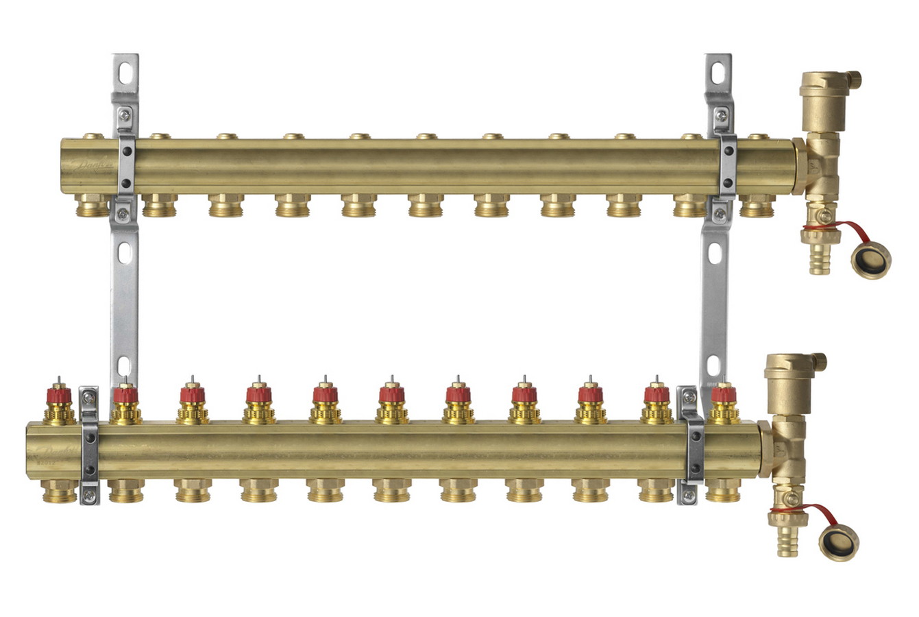 фото Комплект коллекторов fhf-11 set с кронштейнами и воздухоотводчиками, 11 контуров danfoss