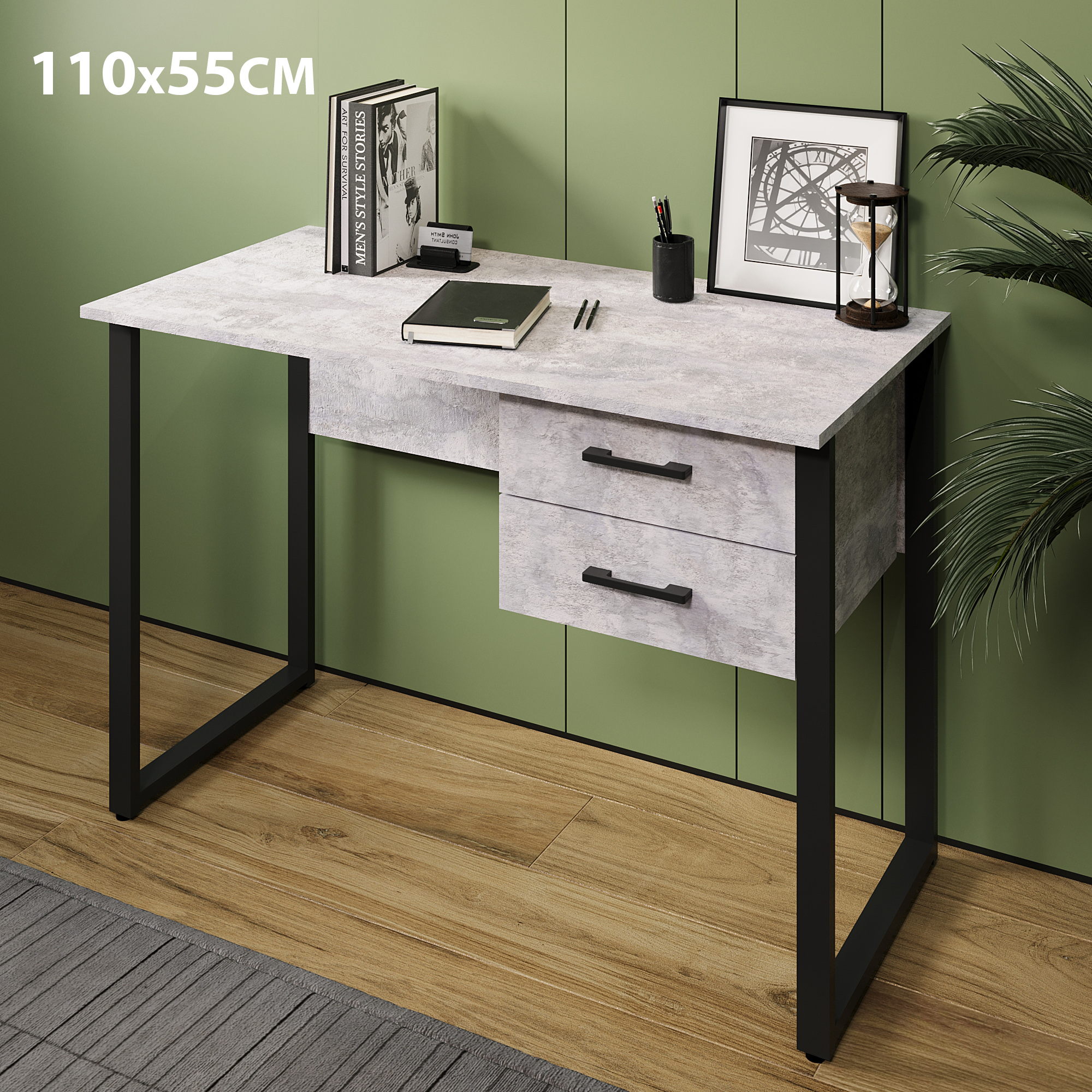 

Стол Лофт, металлические ножки, 110х55, с ящиками, цемент светлый, Лофт