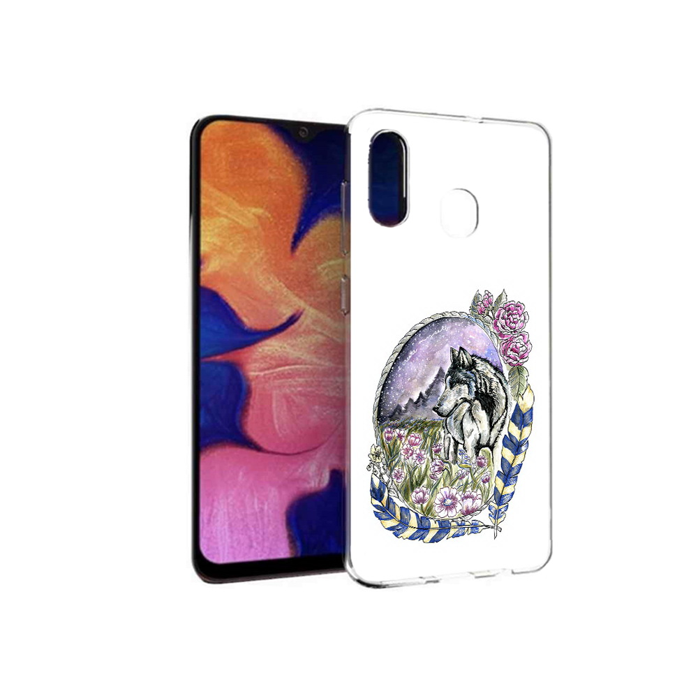 

Чехол MyPads Tocco для Samsung Galaxy A30 нарисованный волк в цветах с перьями, Прозрачный, Tocco