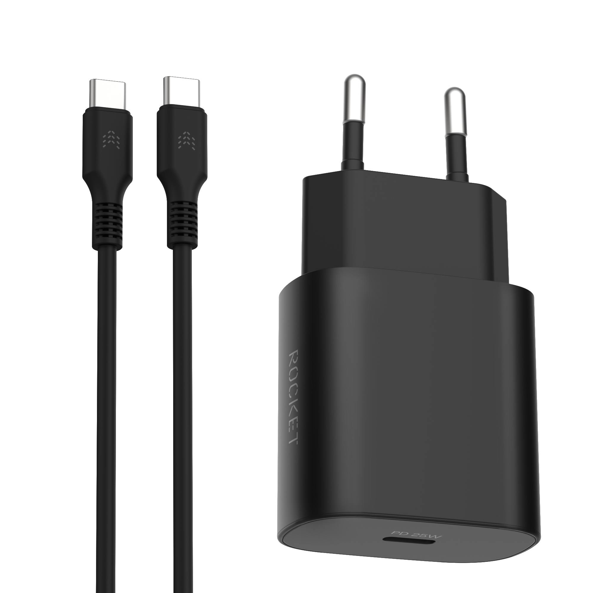 Сетевое зарядное устройство ROCKET Step Combo 25W, USB-С + кабель USB-C/USB-C 60W, 3A