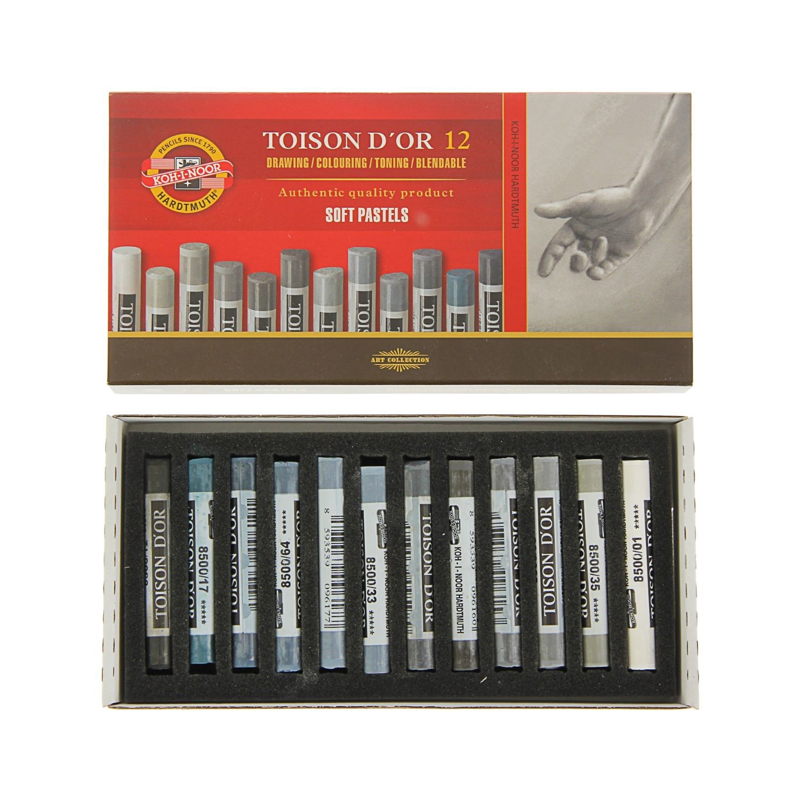 

Пастель сухая художественная 12 цветов Soft Koh-I-Noor TOISON D`OR 8522, градация серого, Разноцветный