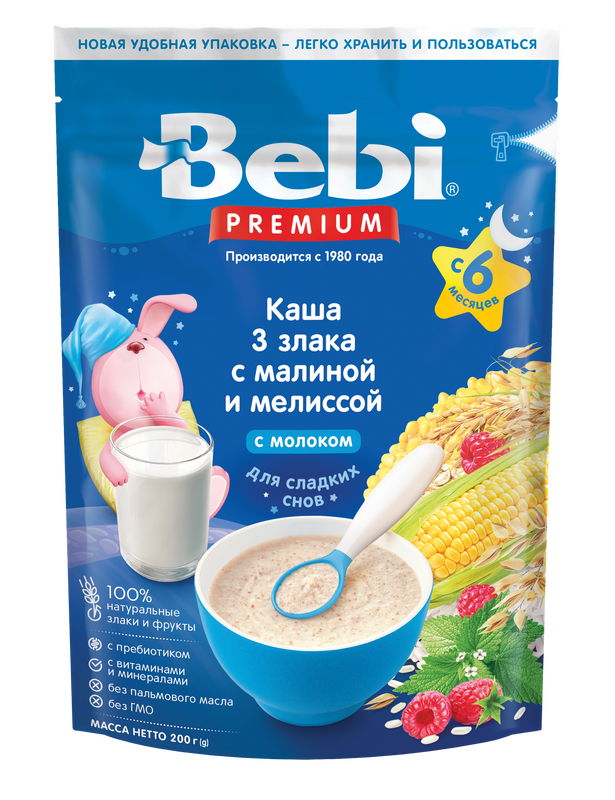 фото Каша bebi premium для сладких снов 3 злака молочная с малиной и мелиссой с 6 месяцев 200 г