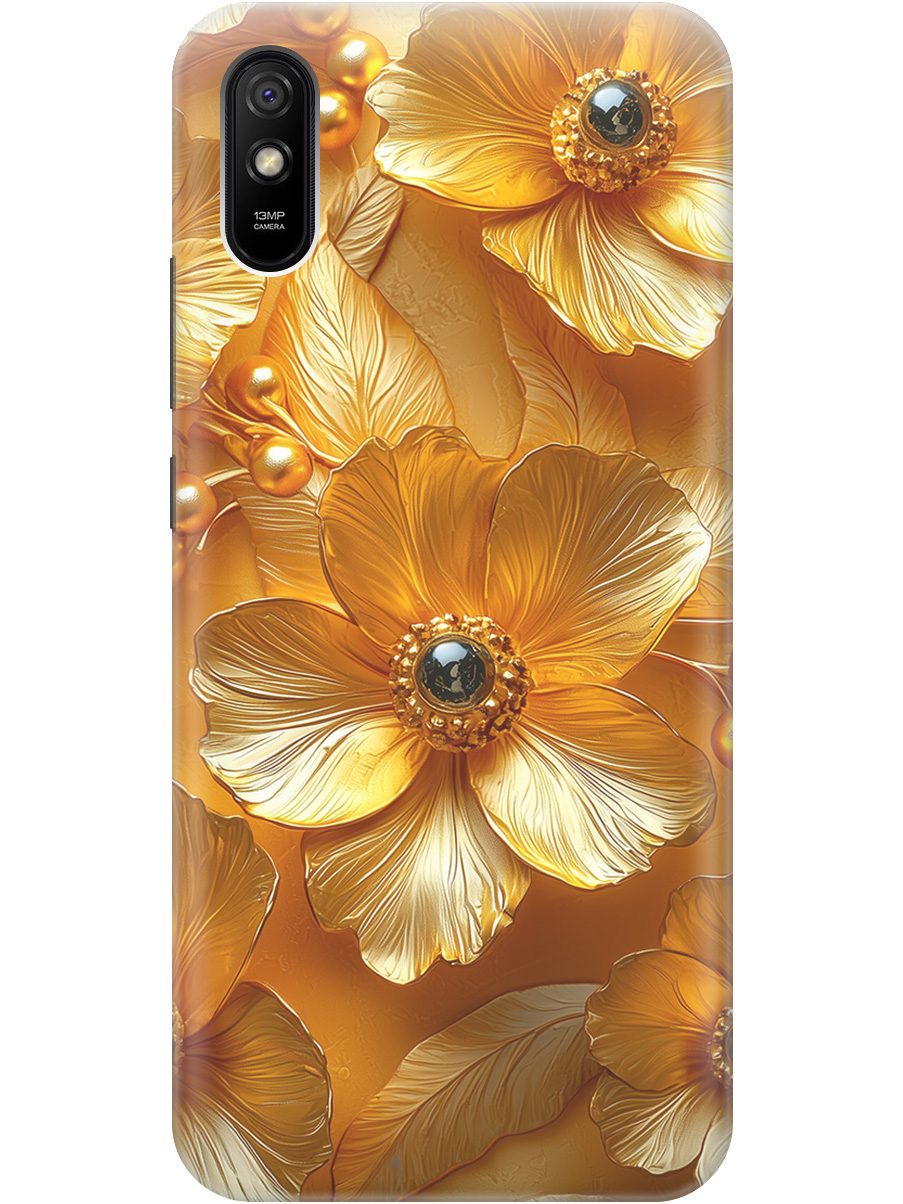 

Силиконовый чехол на Xiaomi Redmi 9A с принтом "Золотые цветы", Прозрачный;золотистый;черный, 723276923