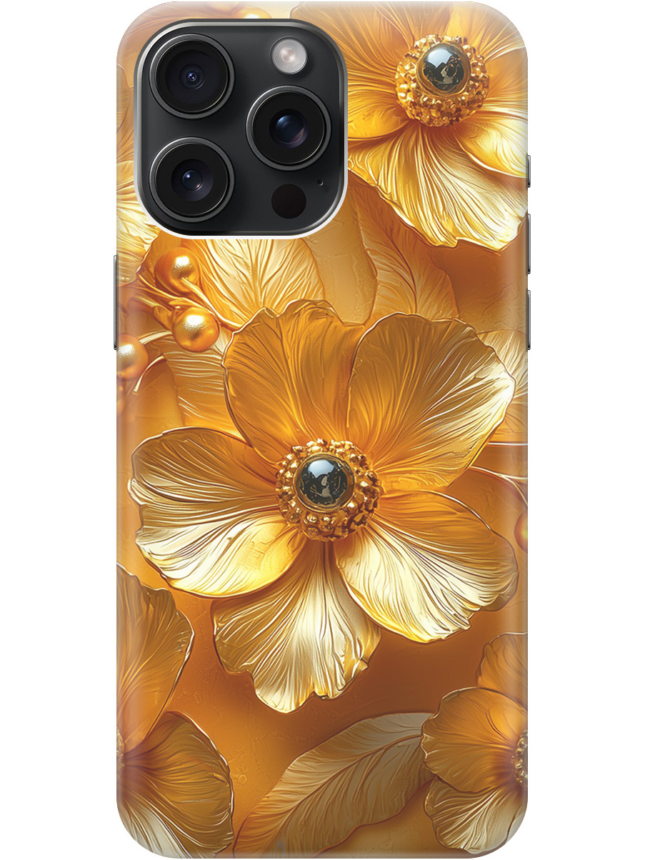 

Силиконовый чехол на Apple iPhone 15 Pro Max с принтом "Золотые цветы", Прозрачный;золотистый;черный, 775148123