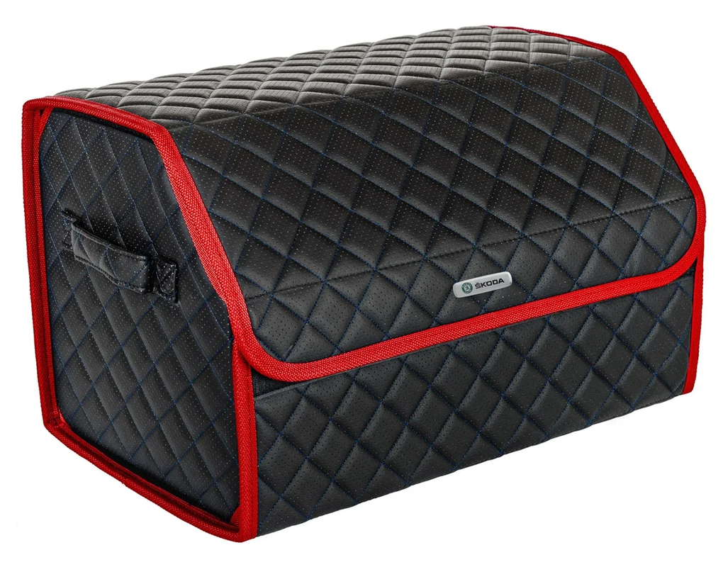 Сумка органайзер в багажник черная с синей нитью ViceCar с лого SKODA (красный кант)