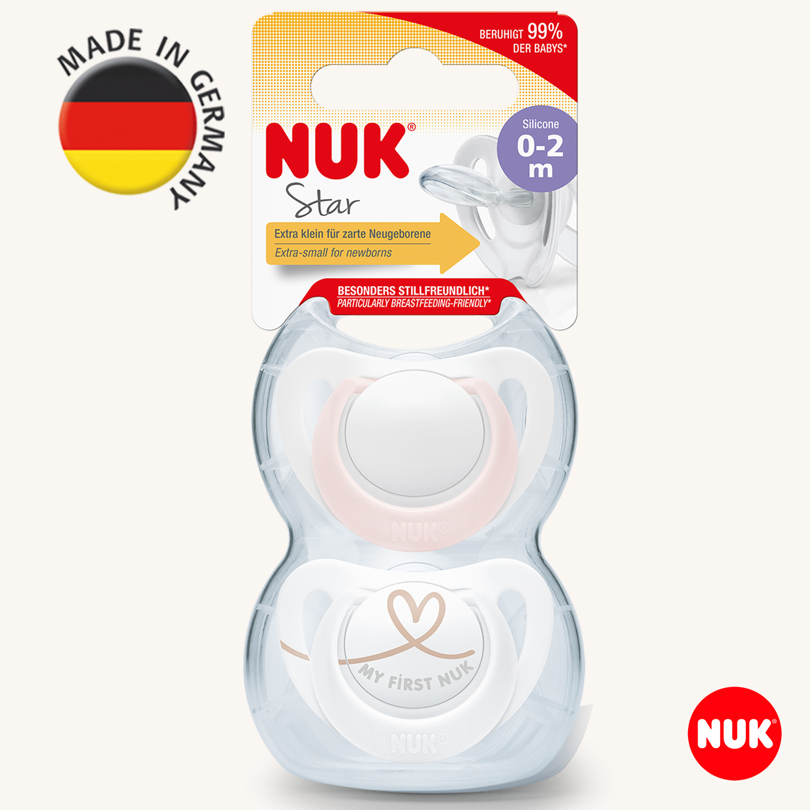 Пустышка NUK STAR ортодонтическая силиконовая от 0 до 2 месяцев 2 шт розовый 1103₽