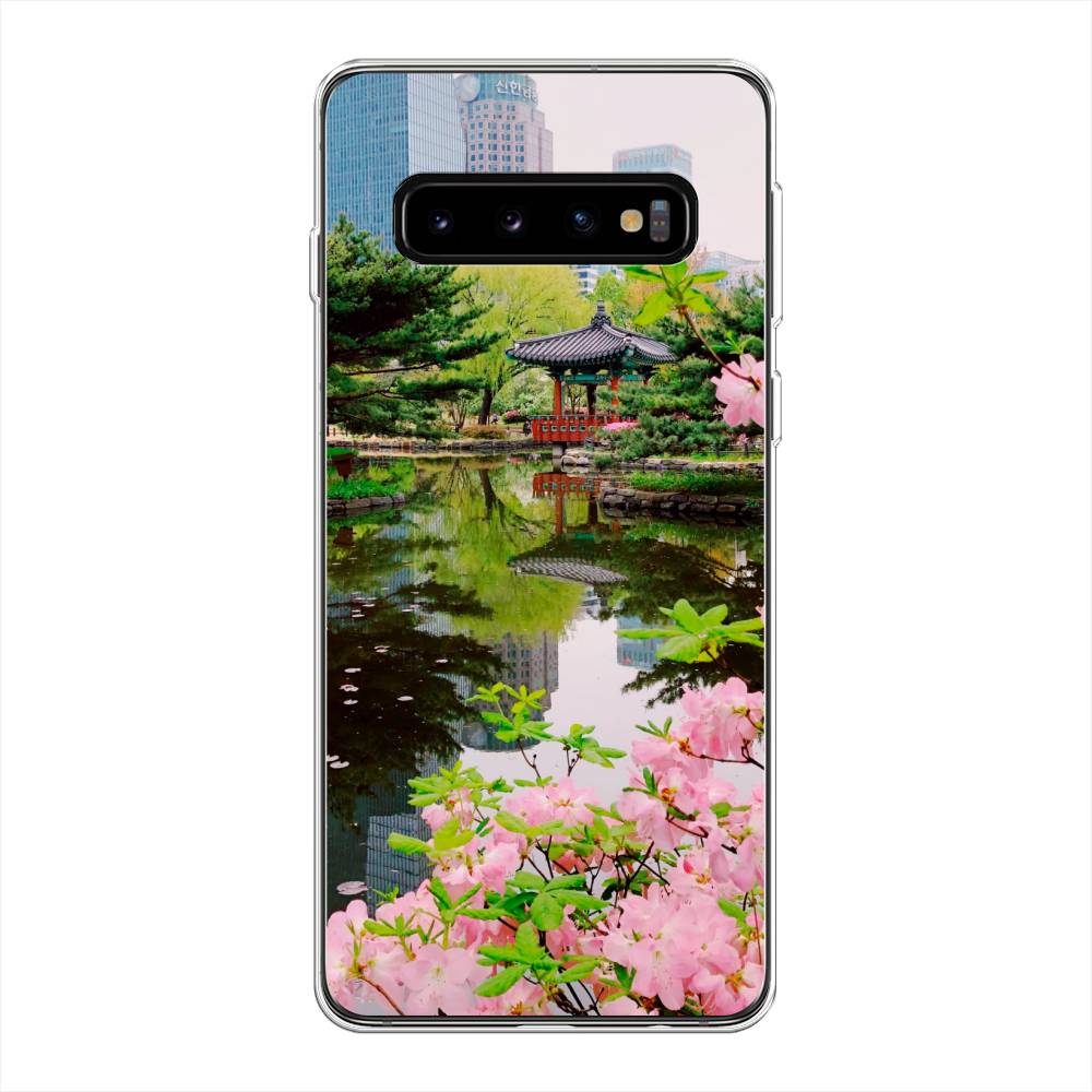 

Чехол на Samsung Galaxy S10 Plus "Сакура возле озера", Зеленый;розовый;голубой, 27150-2