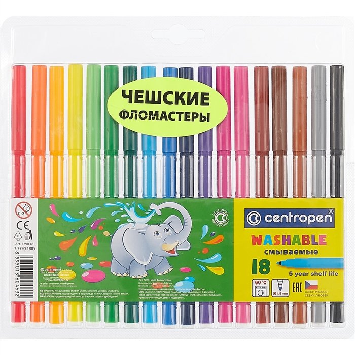 

Фломастеры Centropen Washable, 18 цветов, Разноцветный, Washable