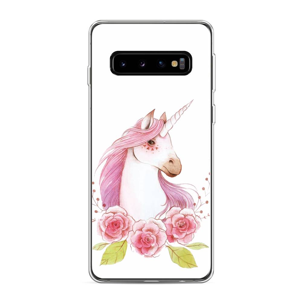 

Чехол на Samsung Galaxy S10 "Единорог цветы", Белый;розовый;серый, 27050-1