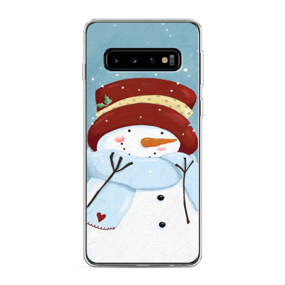 

Чехол на Samsung Galaxy S10 "Застенчивый снеговик", Голубой;белый;красный, 27050-5