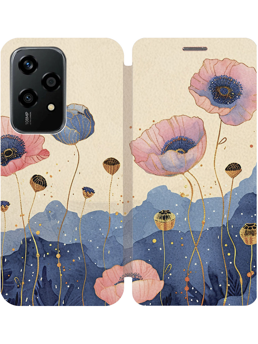 

Чехол-книжка на Honor 200 lite с принтом "Восхитительные цветочки" золотой, Золотистый;бежевый;розовый;синий, 783979022