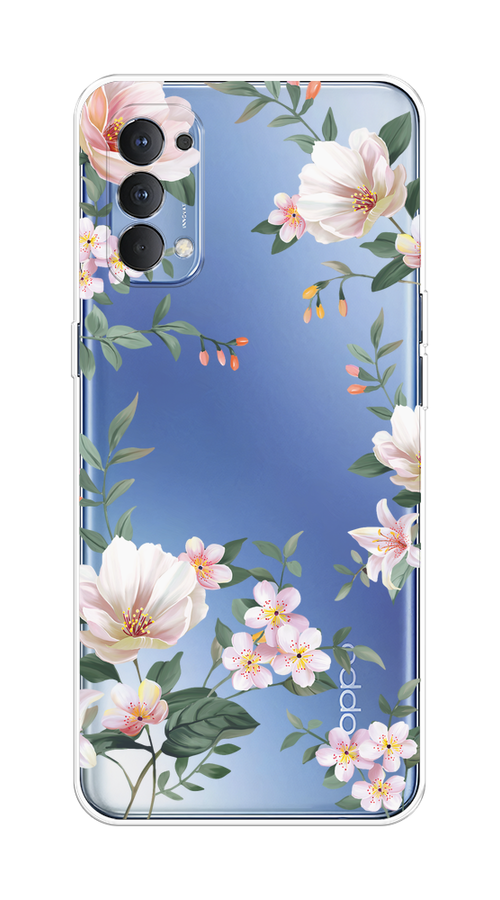 

Чехол на Oppo Reno 4 4G "Beautiful white flowers", Бежевый;зеленый, 259450-1