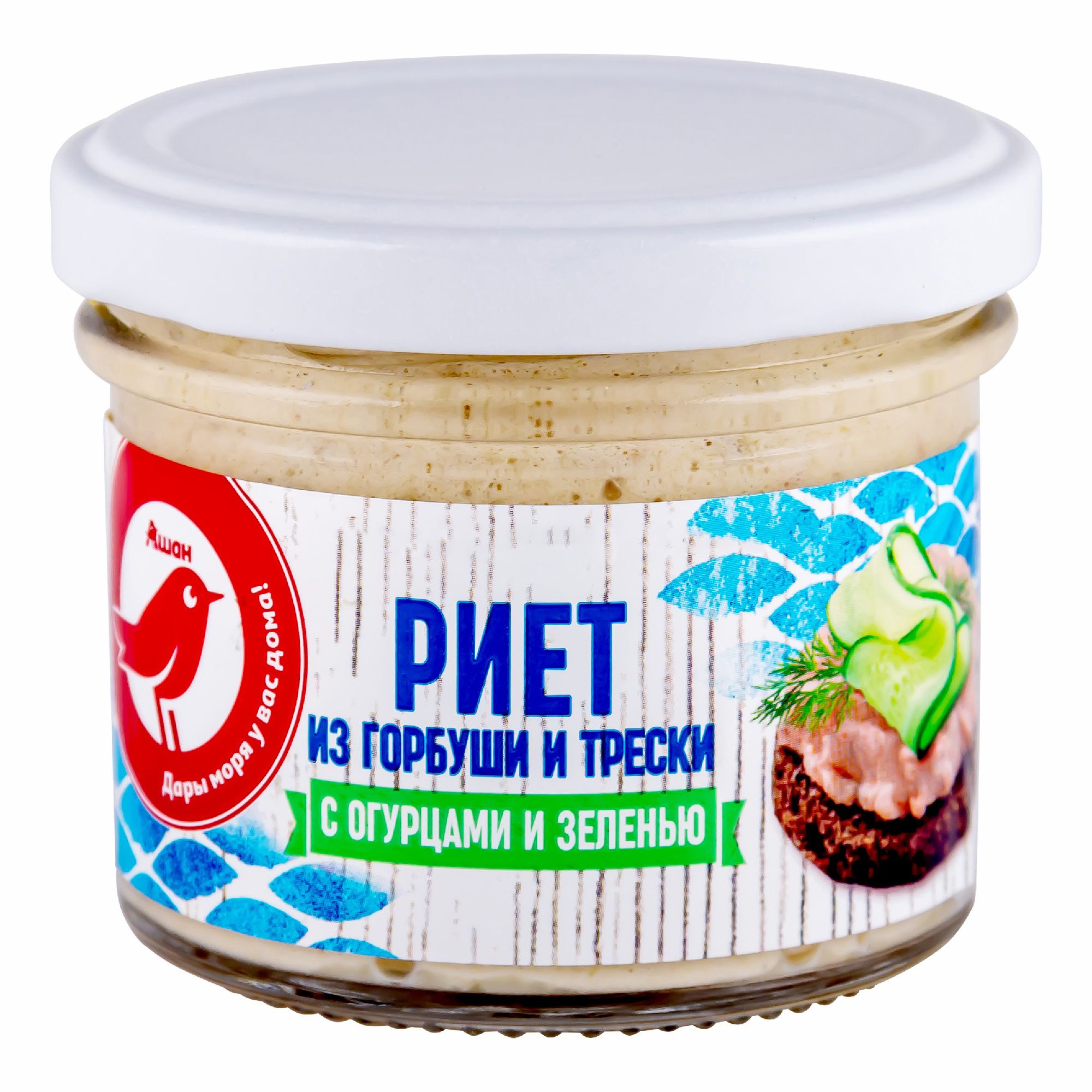 

Риет из горбуши и трески АШАН Красная птица с огурцами и зеленью, 100 г