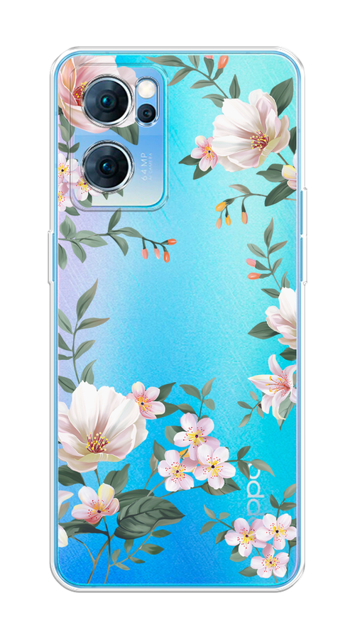 

Чехол на Oppo Reno 7 5G "Beautiful white flowers", Бежевый;зеленый, 258150-1