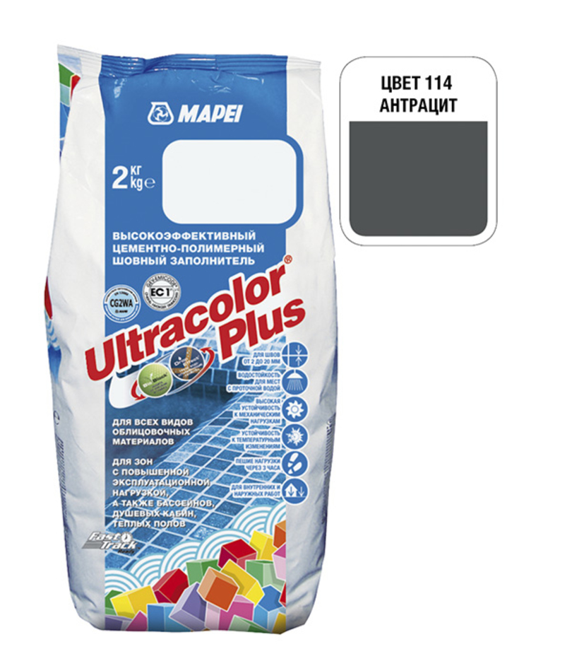 Затирка Mapei Ultracolor Plus №114 Антрацит 2 кг затирка для швов mapei ultracolor plus 259 с водоотталкивающим и антигрибковым эффектом орех 2кг 6667