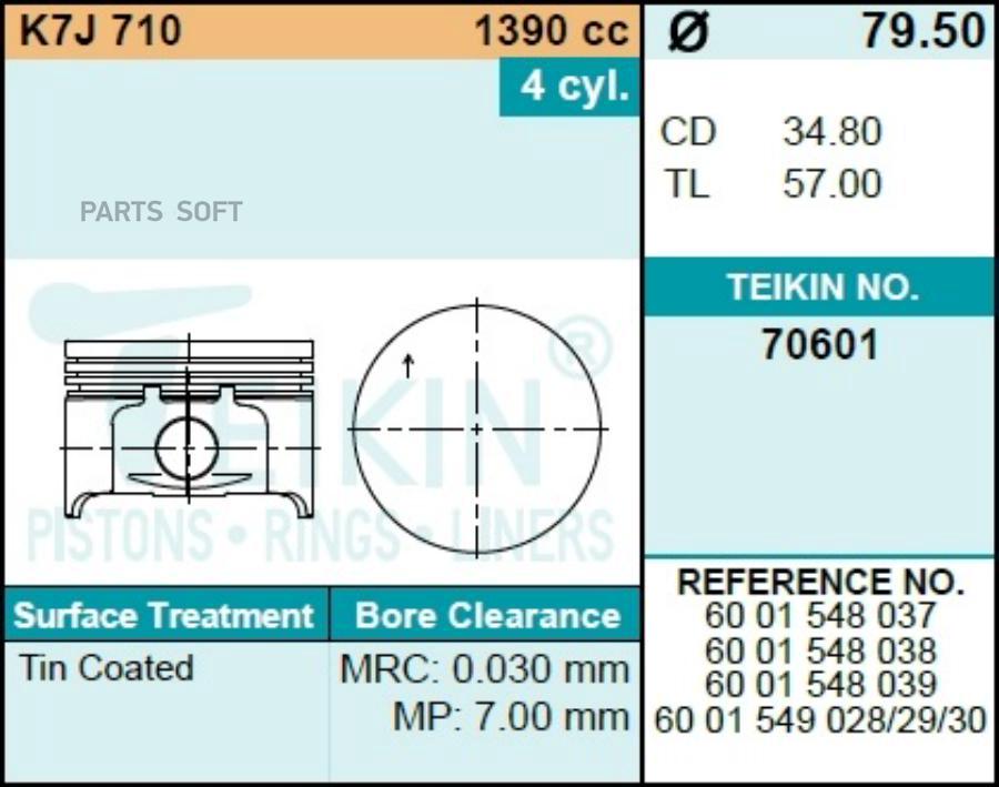 

Поршень без колец TEIKIN 706010.50 Renault k7j710 d79.5+0.5