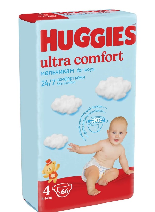 Подгузники Huggies Ultra Comfort для мальчиков 4 8-14 кг 66 шт 2460₽