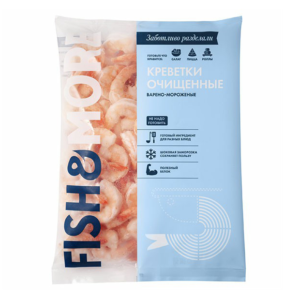 

Креветки Fish&More очищенные 51/60 варено-мороженые +-1 кг