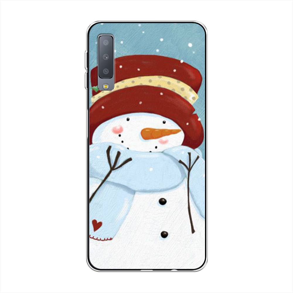 

Чехол на Samsung Galaxy A7 2018 "Застенчивый снеговик", Голубой;белый;красный, 26750-5