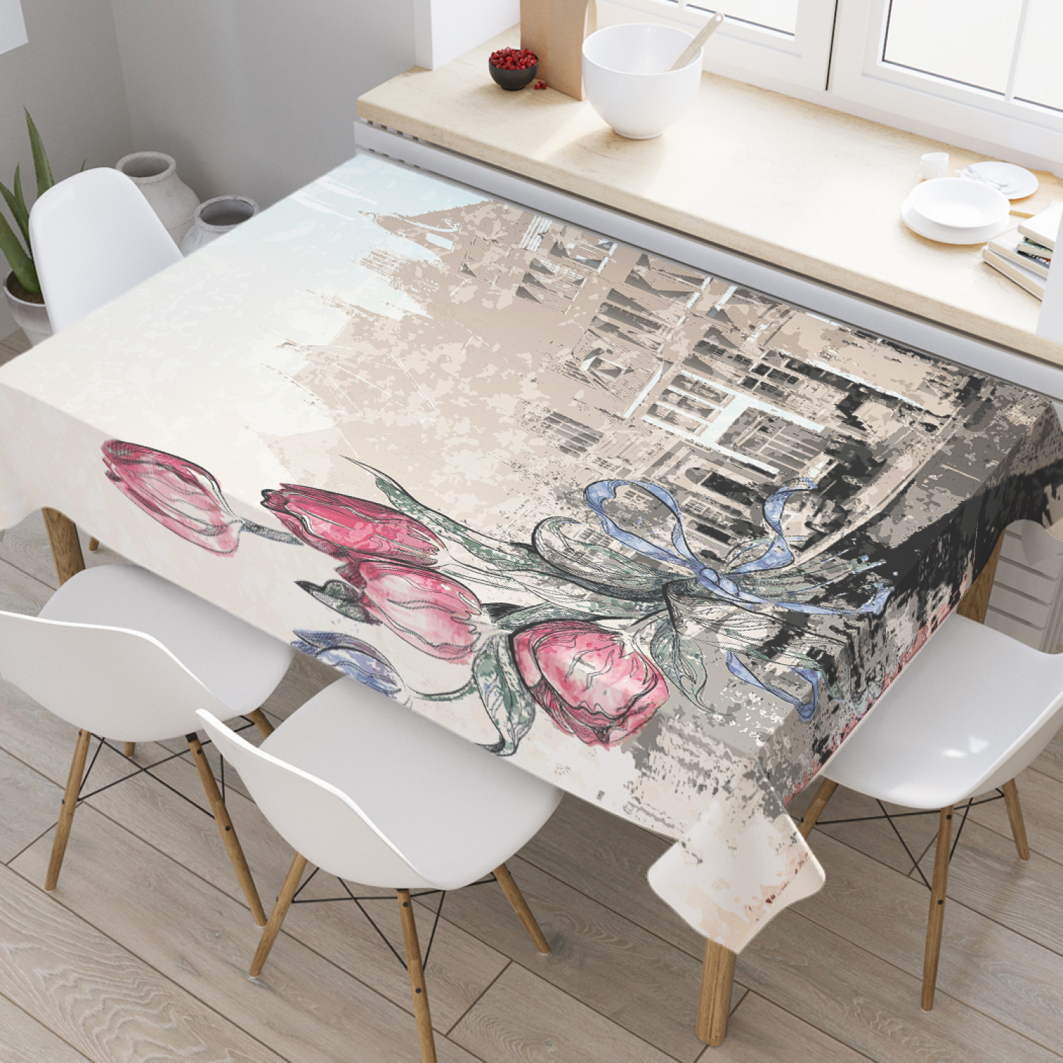 

Скатерть прямоугольная JoyArty "Город и тюльпаны" из оксфорда, 120x145 см, Бежевый, Город и тюльпаны