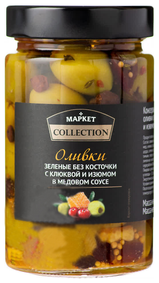 

Оливки Market Collection зеленые с клюквой и изюмом в медовом соусе 320г