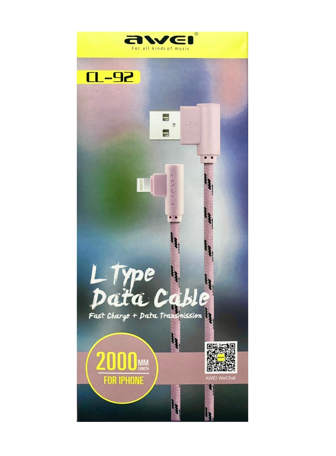Кабель зарядка для iphone тканевая USB Lightning 2м AWEI розовый Y838117-018