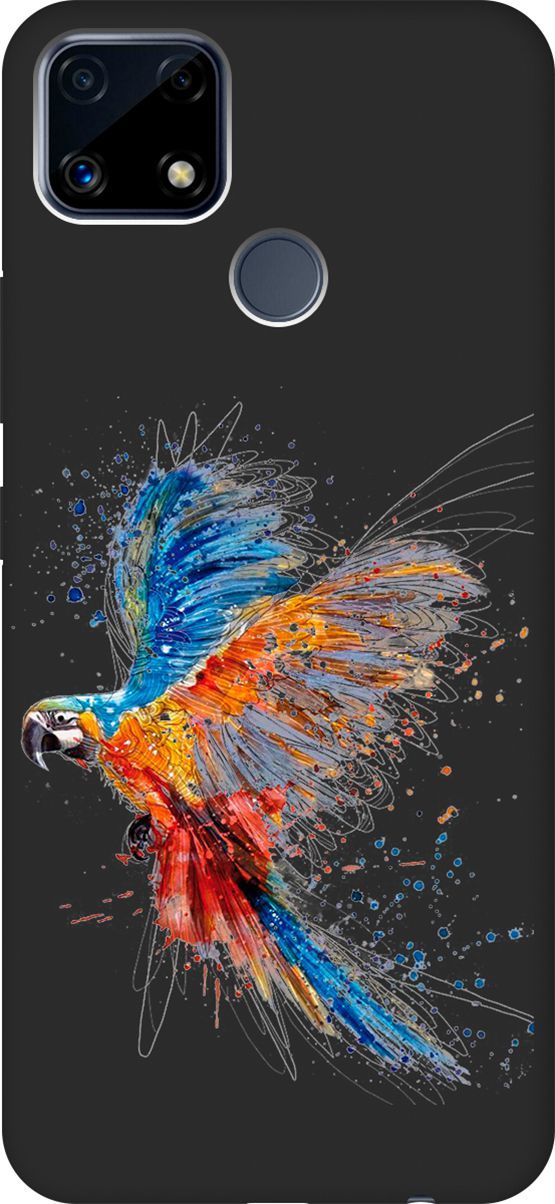 

Матовый чехол на Realme C25 "Colorful Parrot" черный, Черный;красный, 3834