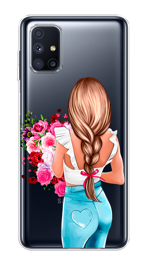 

Чехол на Samsung Galaxy M51 "Девушка с цветами", Коричневый;розовый;голубой, 2101550-6