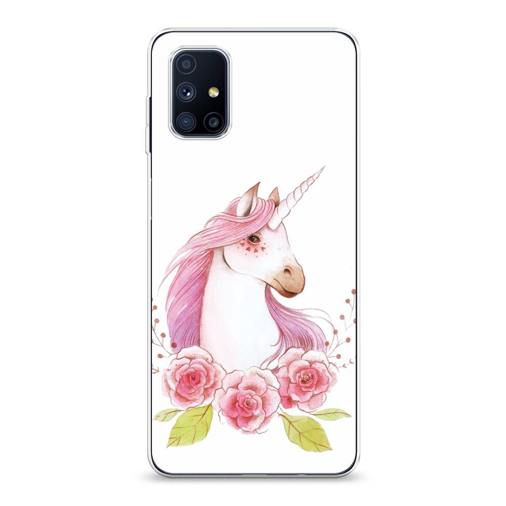 

Чехол на Samsung Galaxy M51 "Единорог цветы", Белый;розовый;серый, 2101550-1