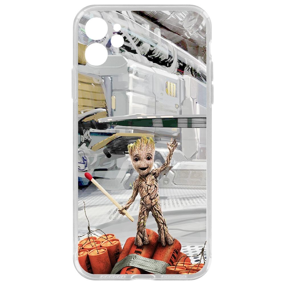

Чехол-накладка Clear Case Стражи Галактики. Малыш Грут для iPhone 11 с защитой камеры, Прозрачный