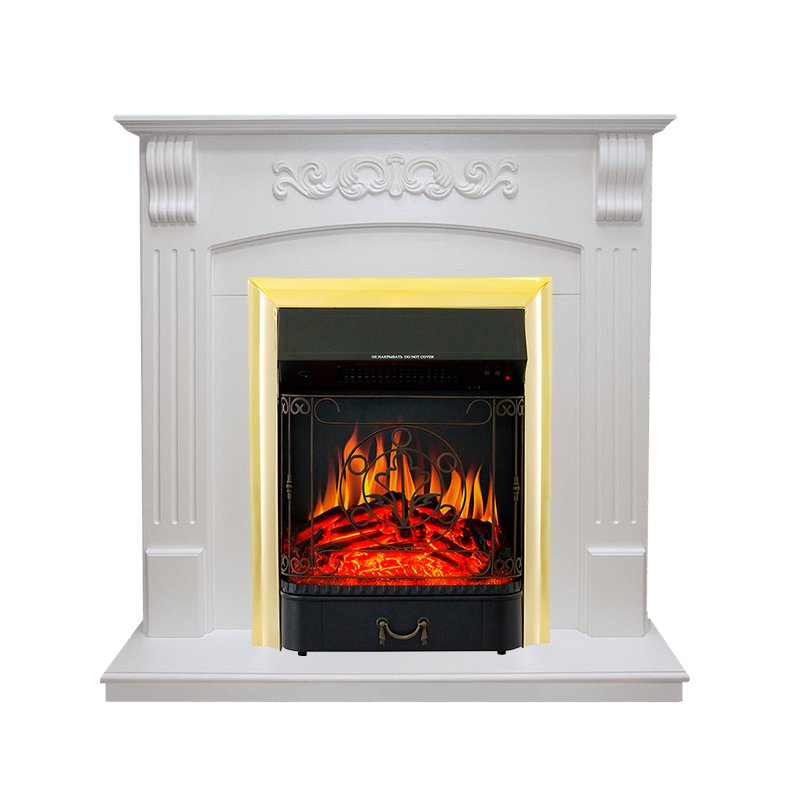 фото Каминокомплект sorrento угловой - белый дуб с очагом majestic fx brass royal flame