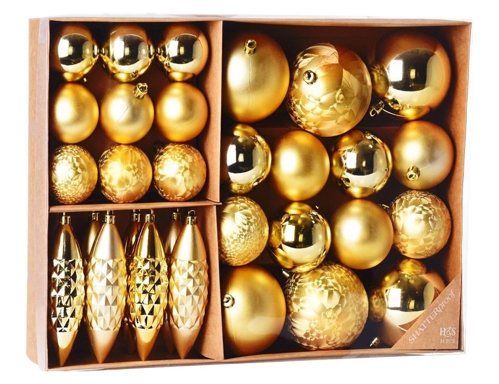 Набор ёлочных украшений ОТТЕНКИ ПРАЗДНИКА, пластик, золотой, 5-12 см (31 шт.), Koopman