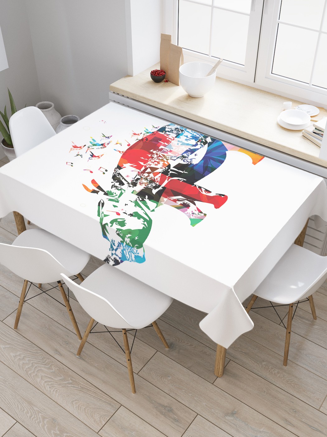 

Скатерть прямоугольная JoyArty "Абстракция носорога и птиц" из оксфорда, 120x145 см, Белый, Абстракция носорога и птиц