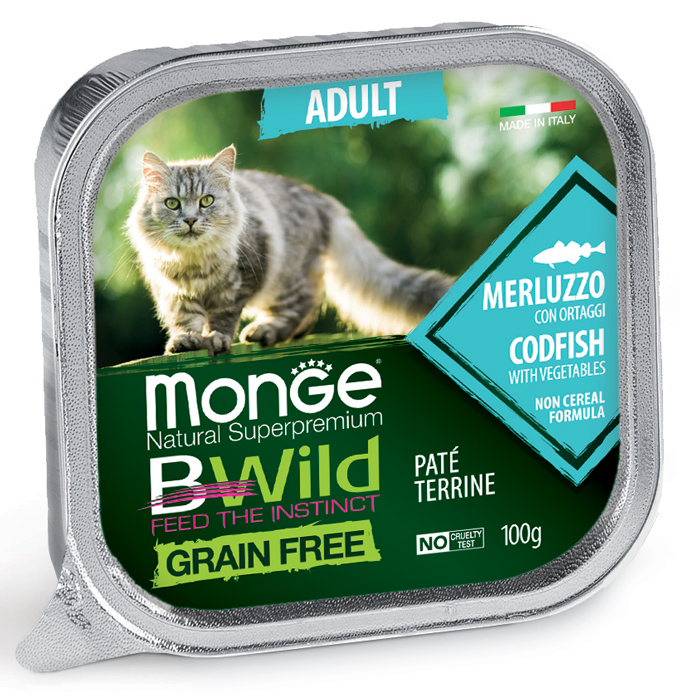 Консервы для кошек Monge Bwild Grain free Adult, треска, овощи, 12шт по 100г