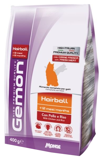 Сухой корм для кошек Gemon Hairball, для выведения шерсти, курица и рис, 0,4кг