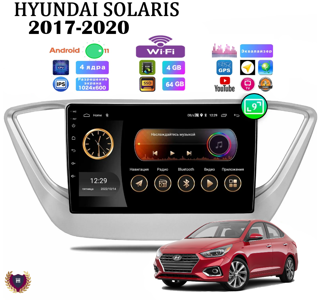 Автомагнитола Podofo для Hyundai Solaris (2017-2020), Android 11, 4/64 Gb, Wi-Fi, GPS