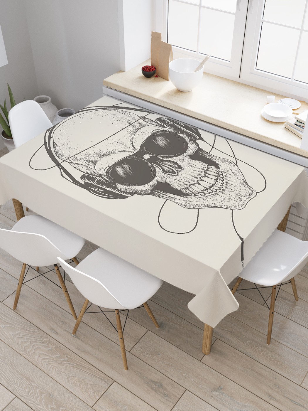 

Скатерть прямоугольная JoyArty "Череп-меломан" из оксфорда, 120x145 см, Бежевый, Череп-меломан