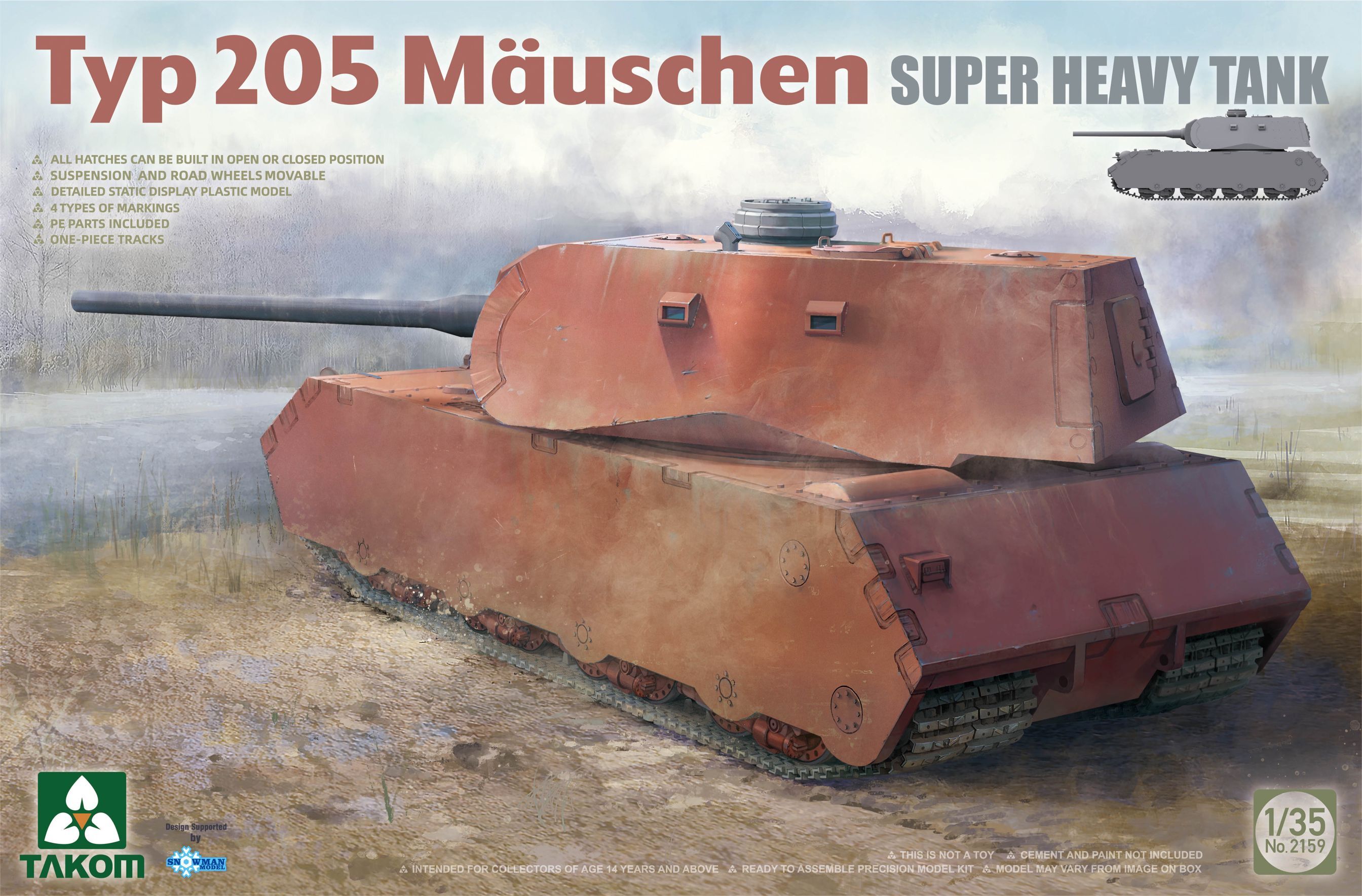 

Сборная модель Takom 1/35 Супертяжелый танк Typ 205 Mauschen 2159