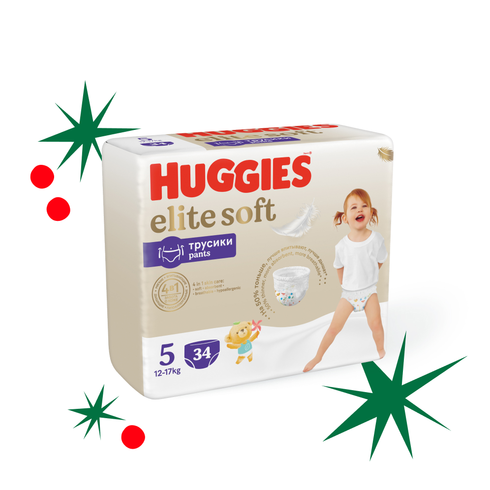 

Подгузники-трусики Huggies Elite Soft 12-17 кг, 5 размер, 34 шт, Elite Soft Трусики