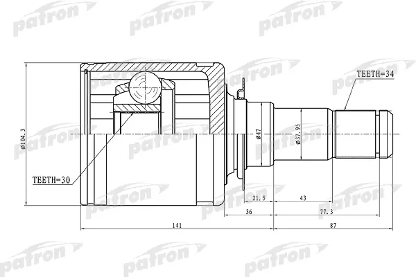 

ШРУС внутренний 34x47x30 TOYOTA LAND CRUISER 200 UZJ200/VDJ200 07- PATRON PCV1449