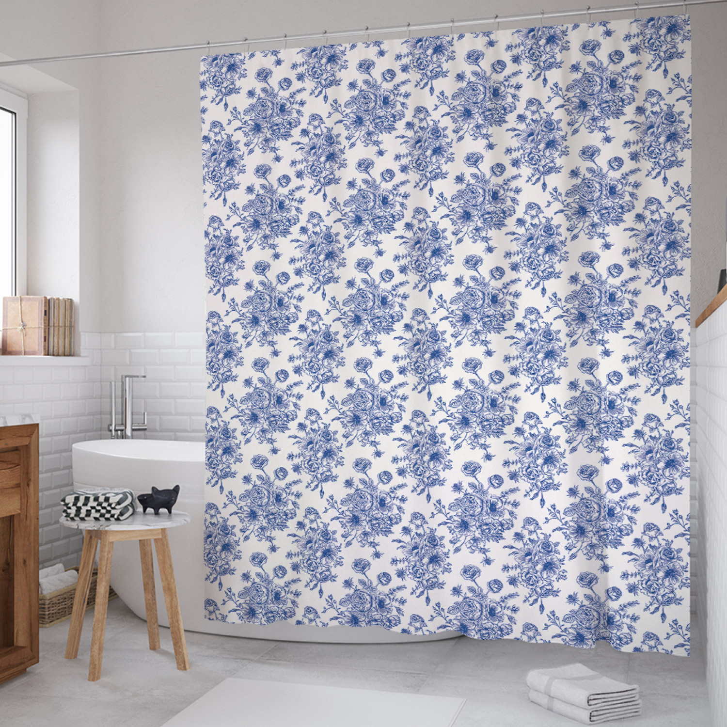 

Штора для ванной JoyArty "Винтажный букет с розами" из сатена, 180х200 см с крючками, Голубой, Винтажный букет с розами