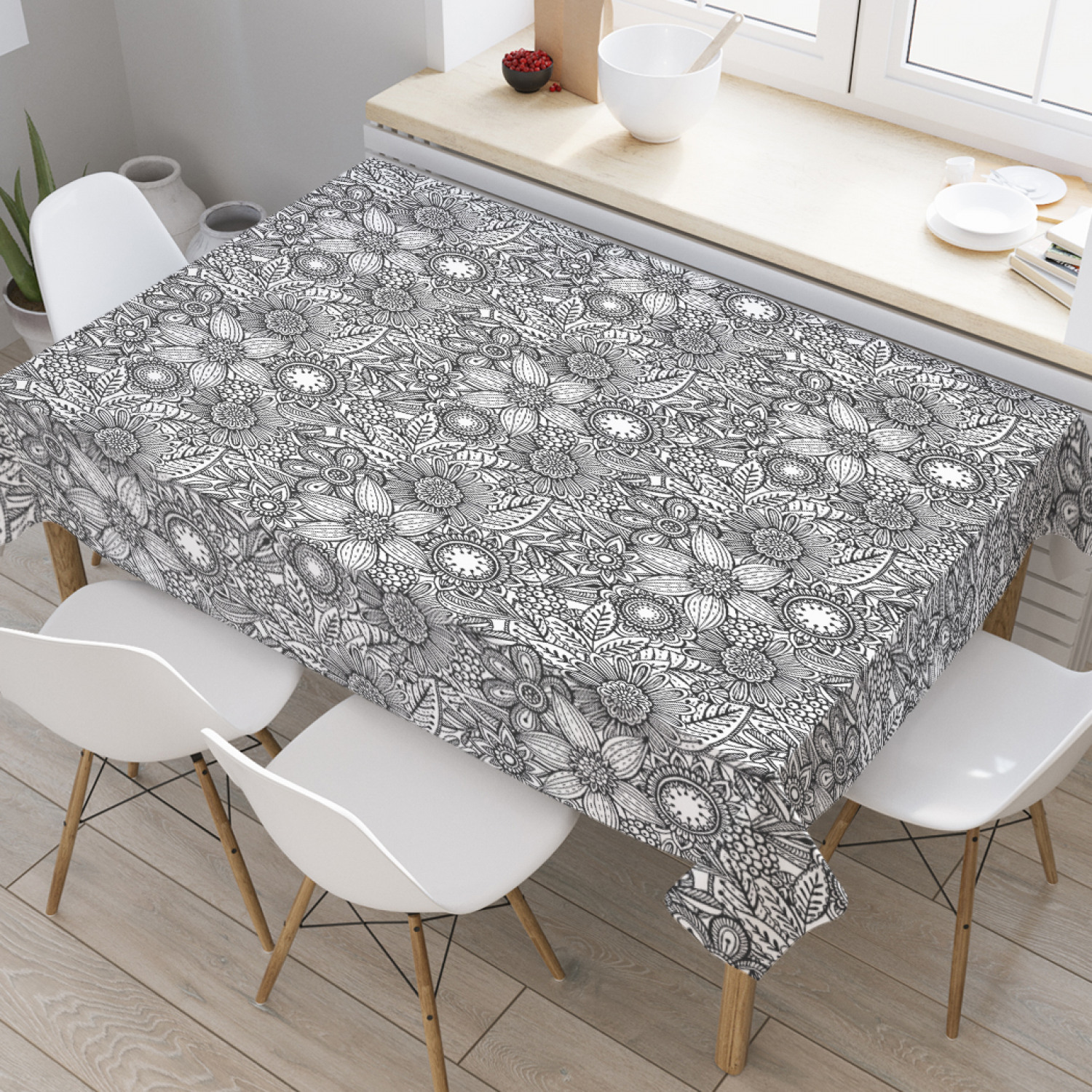 

Скатерть прямоугольная JoyArty "Цветы монохром" из оксфорда, 120x145 см, Серый, Цветы монохром