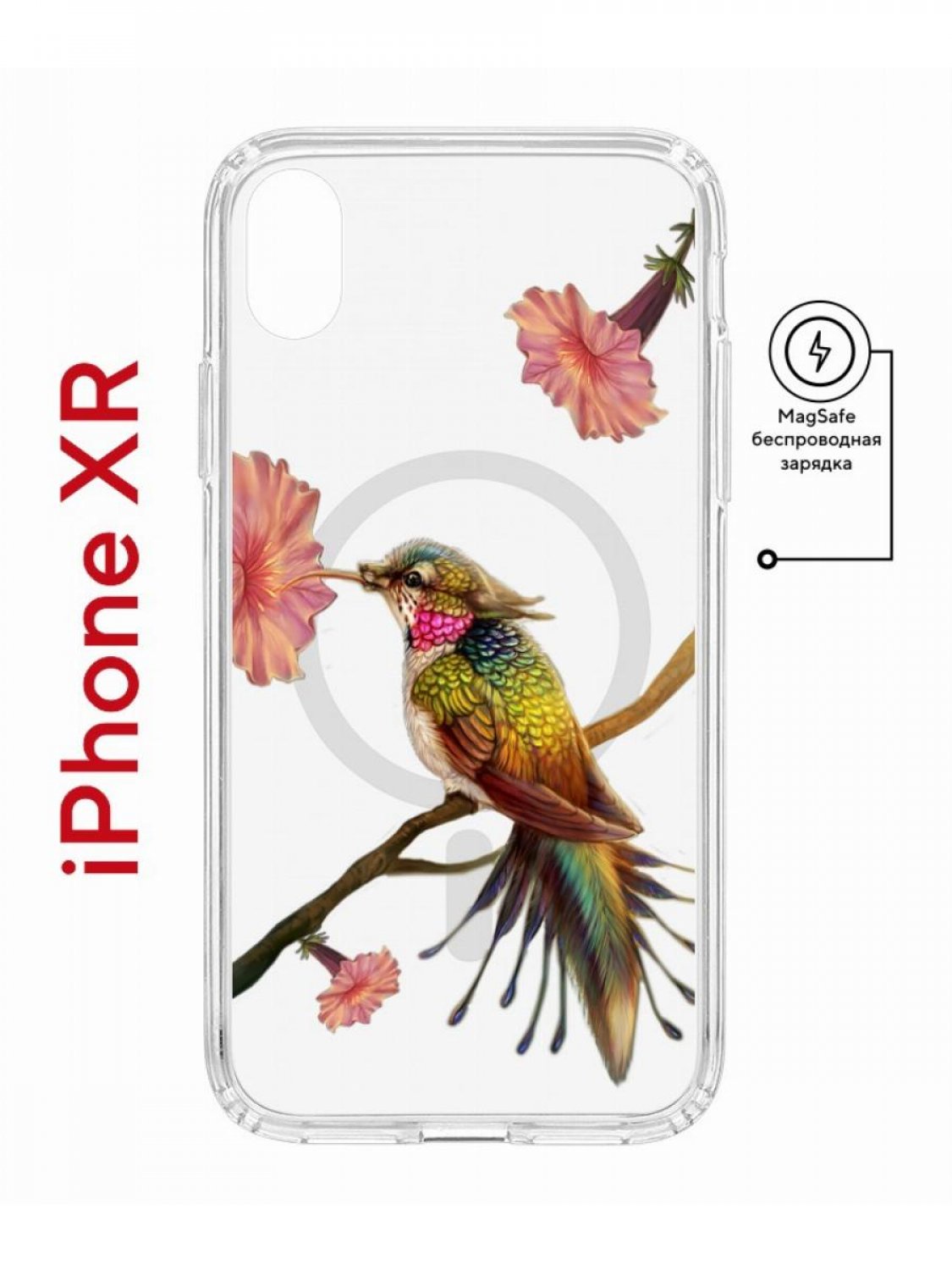 

Чехол на iPhone XR MagSafe с принтом Kruche Print Колибри противоударный с магнитом, Прозрачный;розовый;зеленый;коричневый, Айфон ИксР магсейф