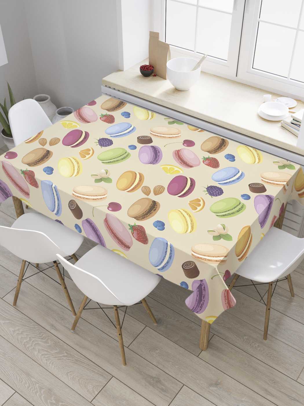 фото Скатерть прямоугольная joyarty "вкусные макаруны" из оксфорда, 180x145 см