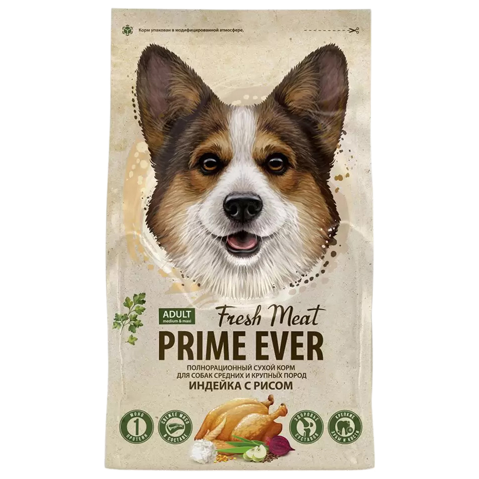 Сухой корм для собак Prime Ever Fresh Meat Adult Dog MediumMaxi индейка рис 12 кг 8315₽