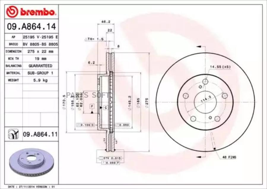

Тормозной диск brembo передний для Toyota Auris, Corolla 2007- 09a86414