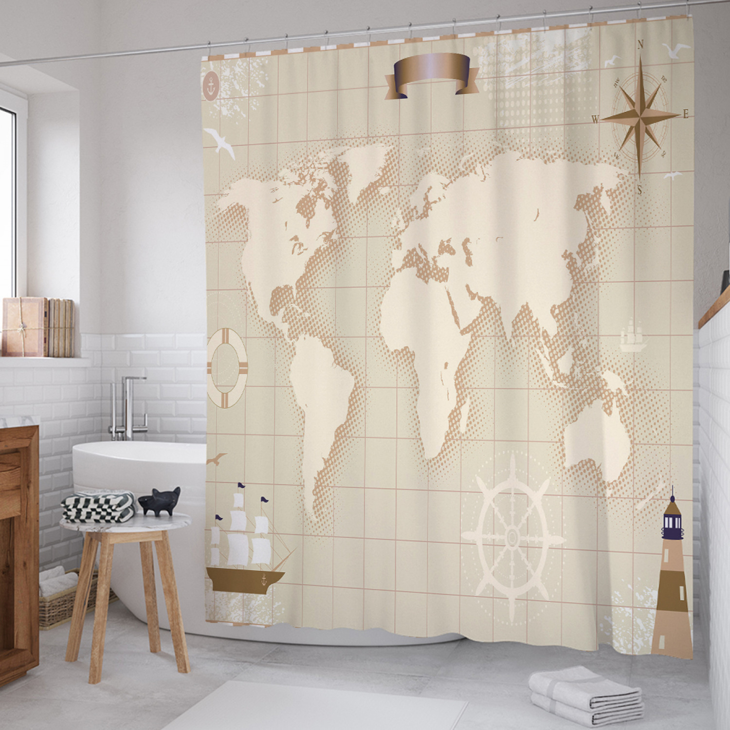 

Штора для ванной JoyArty "Карта мира моряка" из сатена, 180х200 см с крючками, Бежевый, Карта мира моряка