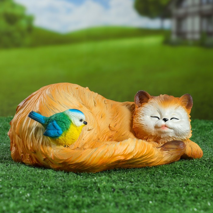 Хорошие сувениры Садовая фигура Кошка спящая с птичкой 13х29см
